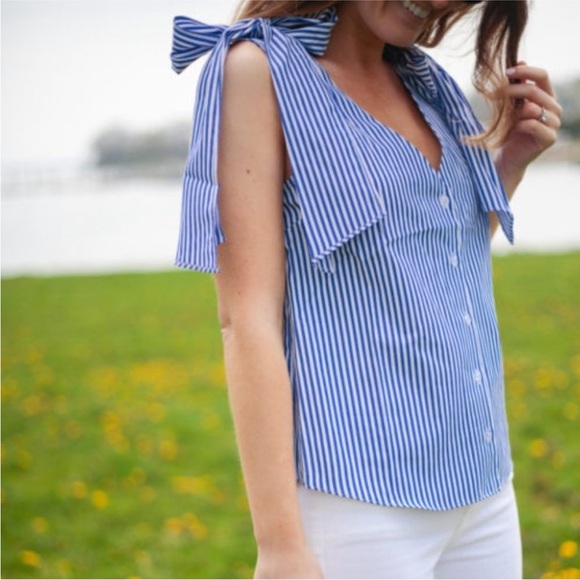 NEW J.O.A. STRIPED BLUE WHITE SLEEVELESS BOW TIE DETAIL TOP BLOUSE L - Picture 5 of 12